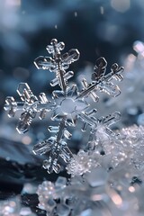 Poster - Captivating Crystalline Snowflake:Intricate Ice Formations,Elegant Natural Art in Serene Winter Landscape