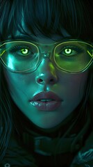 Wall Mural - Captivating Futuristic Close-Up Portrait of Alluring Female Model with Transparent Glasses and Glowing Eyes