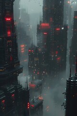 Poster - Enigmatic Futuristic Cityscape with Towering Skyscrapers and Neon-Lit Architecture