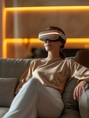 Sophisticated woman using VR technology to enter virtual world and shop for high-end items. Illusion.