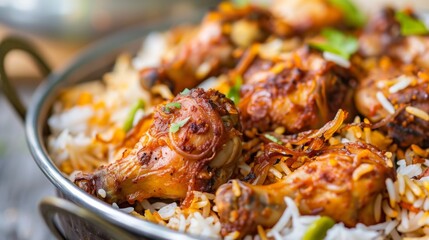 Wall Mural - A close-up of aromatic biryani rice with tender pieces of spiced chicken and garnished with fried onions