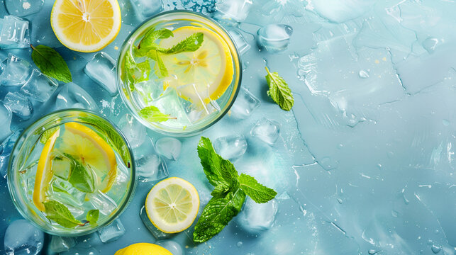 an aerial view of a water glass with lemon slice and herb fresh summer drink on abstract background