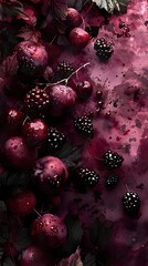 Poster - Moody Watercolor Fruit Arrangement with Brooding Plum, Smoldering Blackberry, and Dramatic Shadows on Industrial Backdrop