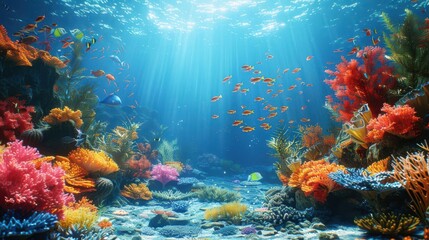 A lively underwater scene with coral reefs and colorful fish