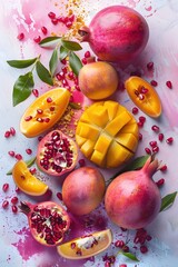 Sticker - Vibrant Watercolor Fruit Still Life with Juicy Mango and Cascading Pomegranate