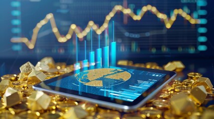 Fototapete - A digital tablet displaying a pie chart illustrating global gold production and consumption statistics