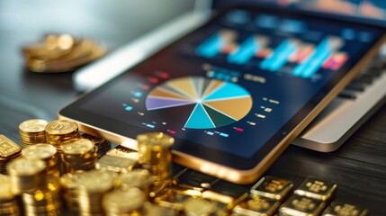 Poster - A digital tablet displaying a pie chart illustrating global gold production and consumption statistics