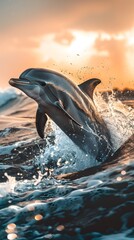 Wall Mural - Playful Dolphins Leaping Through Sunlit Ocean Waves in Synchronized Movement