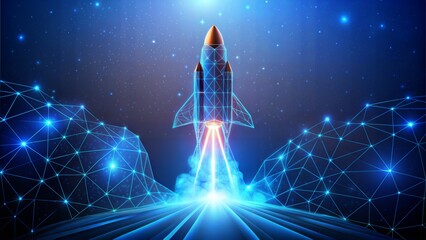 Digital rocket launch into outer space. copy space. Boosting and takeoff career concept. Abstract spaceship in blue on technological background. 