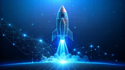 Digital rocket launch into outer space. copy space. Boosting and takeoff career concept. Abstract spaceship in blue on technological background. 