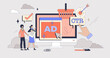 © VectorMine - Media planning for effective ads strategy tiny person neubrutalism concept. Online marketing for brand recognition and advertisement on social media vector illustration. Click through rate analysis.
