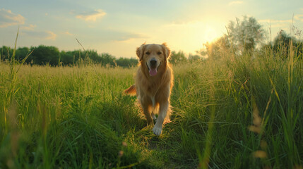 A happy golden retriever walking in nature