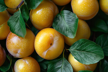 Wall Mural - Fresh Yellow Plums with Green Leaves. Summer Harvest Fruits. Organic Produce.