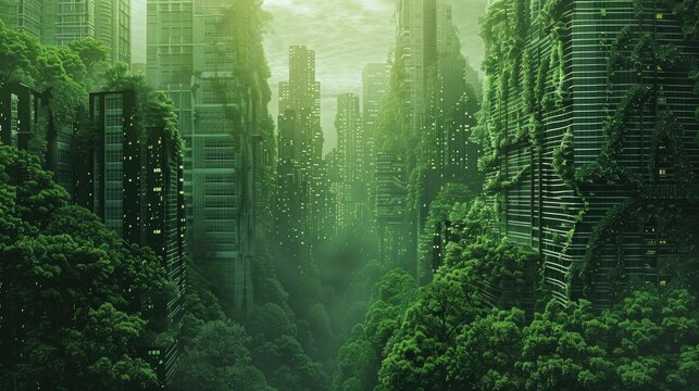 Sustainable green city with forest concept of metropolis covered with green plants. Civil architecture and natural biological life combination. Digital art generative
