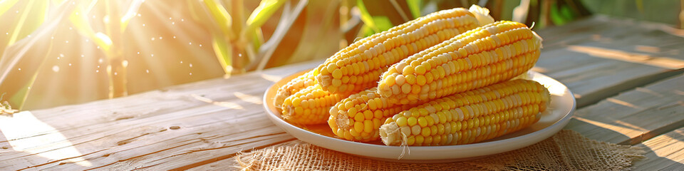 corn are lying in plate on a wooden table healthy diet fresh harvest sunlight on background
