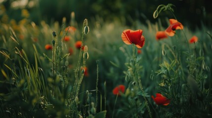 Wall Mural - Red Poppies in a Lush Meadow