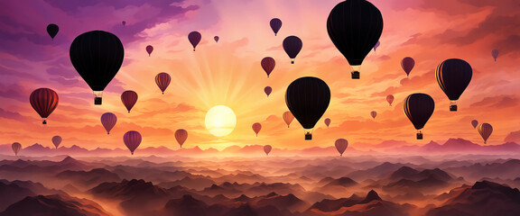 Wall Mural -  Fantasy hot air balloons at sunset in the sky design. 