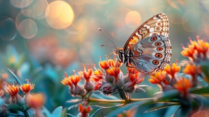 Wall Mural - A close-up shot of a stunning butterfly in the foreground, perched delicately on a vibrant wildflower, in the lush greenery of a serene garden, AI Generative