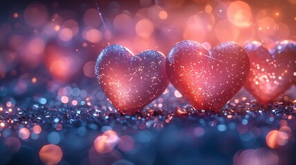 Wall Mural - A vibrant depiction of sparkling hearts with a glitter effect, creating a glamorous, festive background. The hearts are adorned with shimmering glitter, set against a vibrant