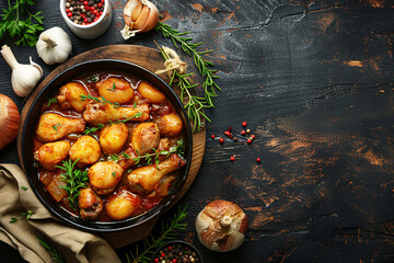 Wall Mural - Coq au vin served in a bowl with fresh thyme garnish Stock Photo with copy space Isolated on white background