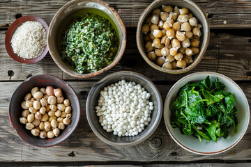 Wall Mural - Different types of ethnic foods served in bowls and plates on a wooden surface Stock Photo with copy space