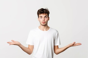Wall Mural - A young man in a white t shirt on a white background.