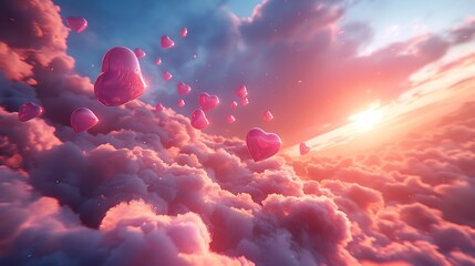 Wall Mural - An abstract scene of hearts floating in a dreamy sky with clouds and soft light. The pastel-colored hearts drift gently among the clouds, with a warm, ethereal glow creating a serene atmosphere. 