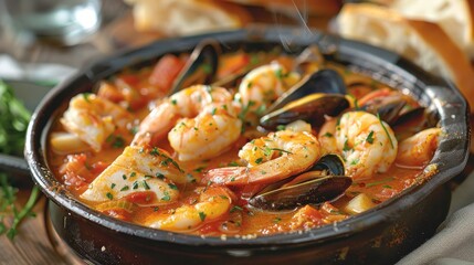 Bouillabaisse, a traditional Provencal fish stew, brims with an assortment of fresh seafood such as fish, shellfish, and aromatic herbs,