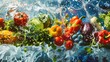 © Farid - Fresh vegetables, fruits and water splashes on panoramic background.