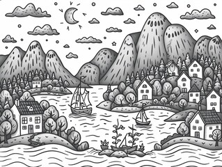 Landscape with boats in the ocean, houses, trees and mountains drawn with straight lines. Sea travel or adventure travel destinations.