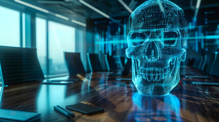 3d rendering of skull on technology background represent internet security and cyber criminal, Side view of laptop with glowing digital circuit binary code skull on blurry workplace with objects 

