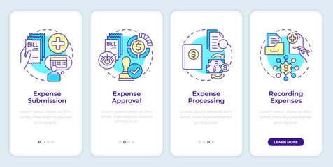 Wall Mural - Expense management process steps onboarding mobile app screen. Walkthrough 4 steps editable graphic instructions with linear concepts. UI, UX, GUI template. Montserrat SemiBold, Regular fonts used