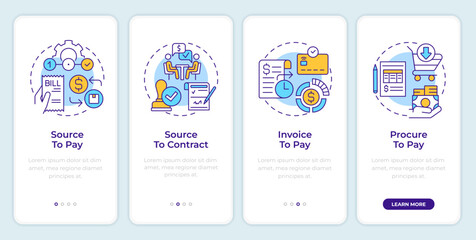 Wall Mural - Spend management approaches onboarding mobile app screen. Walkthrough 4 steps editable graphic instructions with linear concepts. UI, UX, GUI template. Montserrat SemiBold, Regular fonts used