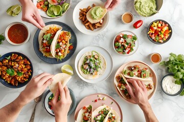 Wall Mural - Flat lay of an aerial view showcasing the diverse array of Mexican dishes being served on plates, including tacos and fajitas with various sides like guacamole or salsas. People's hands reaching out t