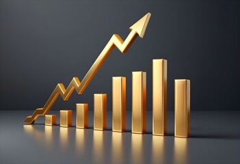 3D Render of golden bar graph growth and up arrow. 3D Illustration