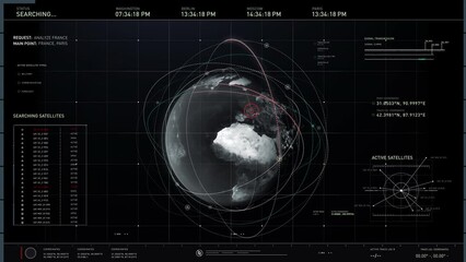 Active satellite search is performed by secret service software. The program draws attention to France. Receiving satellite images of the terrain. Identifying exact coordinates. User interface.