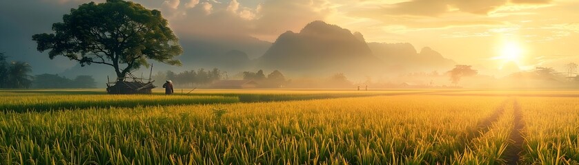 Wall Mural - Tranquil Thai Rice Fields at Dawn with Farmers Working in Serene Rural Landscape