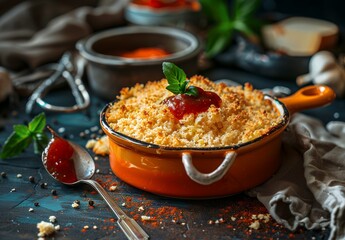 Wall Mural - A rustic dish of bread crumbs with the top being a puree of zucchini and red ketchup, served in an orange pastry pan on a dark background, one spoon is taking some out from inside. High resolution pho