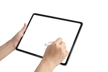 Sticker - A person is holding a tablet and writing on it with a pen