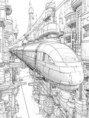 Unique train coloring page in the future city. Cartoon style hand drawing sketch coloring book futuristic street illustration.