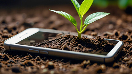 Green future multimedia content creation symbolized by growing seedling on a lying mobile phone, green investment concept,rising money to invest, financial growth concept