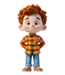 Wall Mural - [Transparent Background PNG]A 3D illustration of a boy with red hair and freckles wearing a plaid shirt and blue jeans.