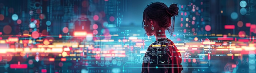 The back view of a girl is illustrated as she looks out over an array of abstract shapes and data structures, representing her programming journey. The image features ample copy space, making it