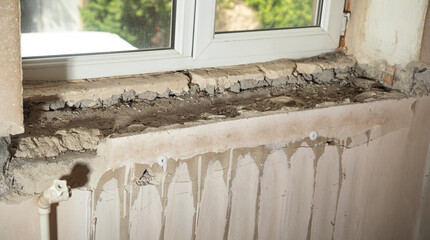 Poster - Old window sill before renovation at home.