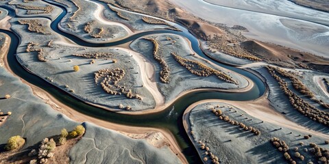 Poster - Aerial View of Winding River in Desert Landscape