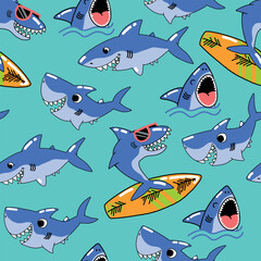 Wall Mural - Seamless pattern with words and shark. Background for textile, fabric, stationery, kids and other design.