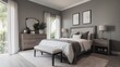 © Anat art - A modern bedroom with white walls, a white bed with grey throw blanket and pillows, a large grey dresser, and a white bench at the foot of the bed. Generative AI