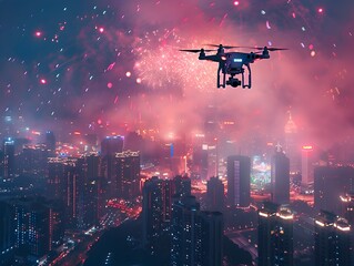 Sticker - Drone Capturing Vibrant Cityscape Fireworks Display at Night