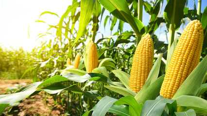 Wall Mural - Corn cobs in corn plantation field.