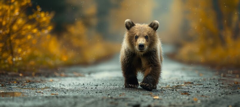 Baby Bear Taking First Steps on Forest Path in Autumn